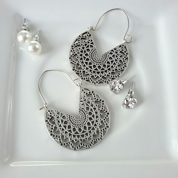 Jewelry - Pearl Stud, Medallion Cutout, & Square Crystal Set